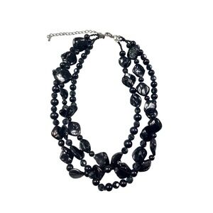 Black‎ Iridescent Triple Strand Beaded Statement Necklace Adjustable Silver Tone